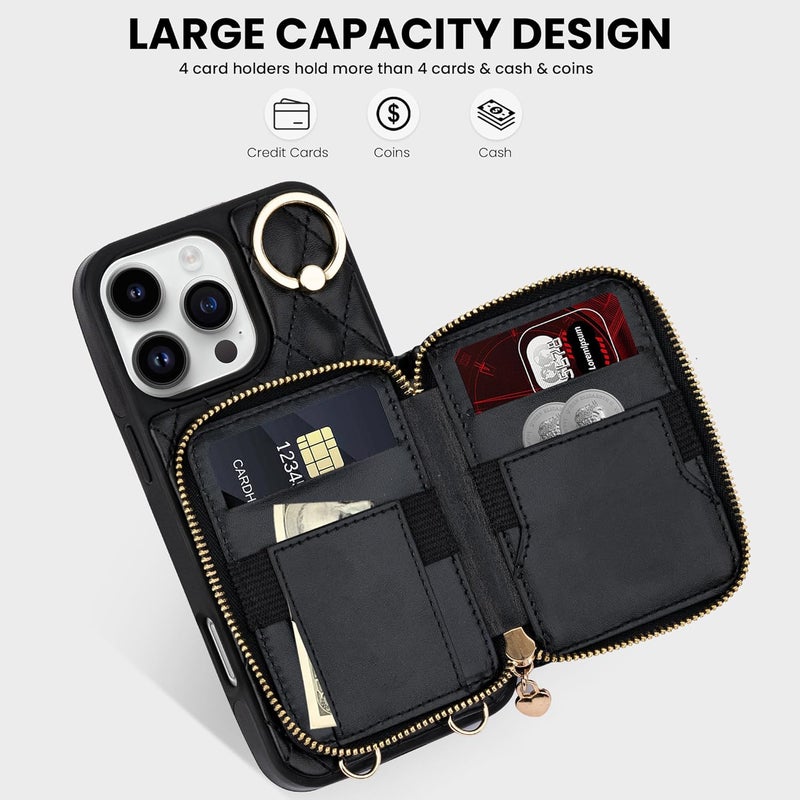 Keallce Case for iPhone 16 Pro Max 6.9'' Wallet Case, Crossbody Zipper Purse with Wristlet for Women, RFID Blocking Card Holders, 360° Ring Kickstand Flip Leather Cover for iPhone 16 Pro Max, Black - Image 2